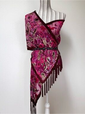 Boho Floral Burnout Velvet Fringe Scarf Wrap Whimsigoth Festival Shawl Pink